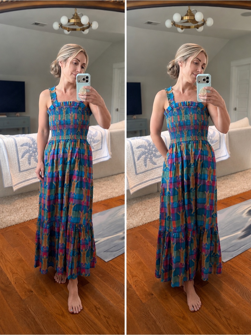 Beau & Ro Smocked Maxi Dress in Teal/Multi-Color & animal print